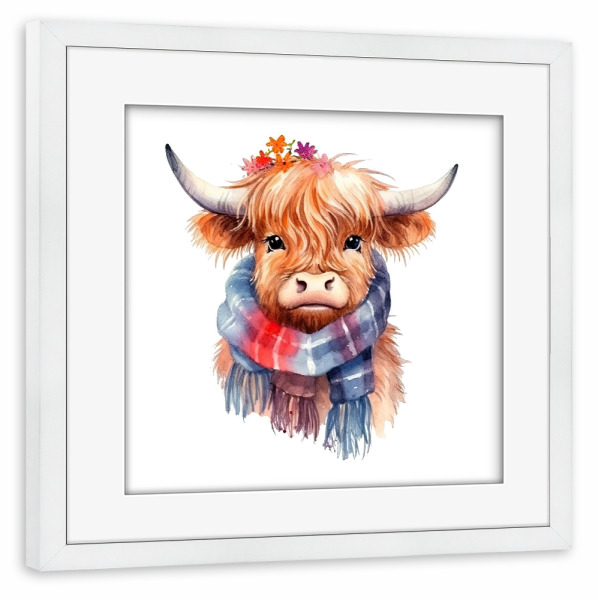 Poster mit Rahmen weiß "Highland Cow Schal G" artboxONE - Tiere - Kuh,Rinder,Schal,Niedlich,Tiere,Kinder,Kindergarten,Baby,Winter,Herbst
