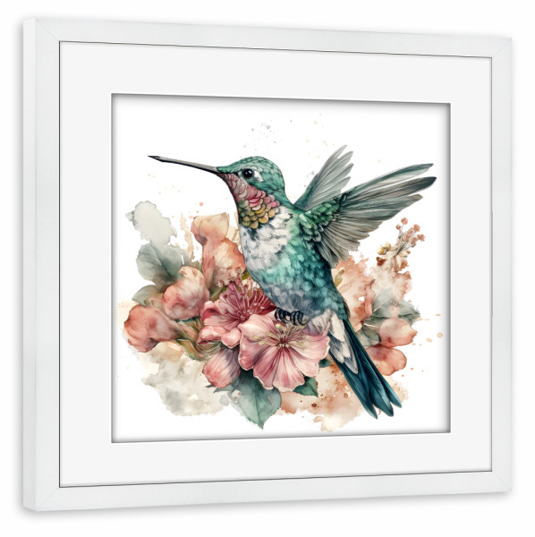 Poster mit Rahmen weiß "Kolibri N" artboxONE - Floral,Tiere - Tiere,Vögel,Kolibri,Blumen,Blume,Aquarell,Bunt