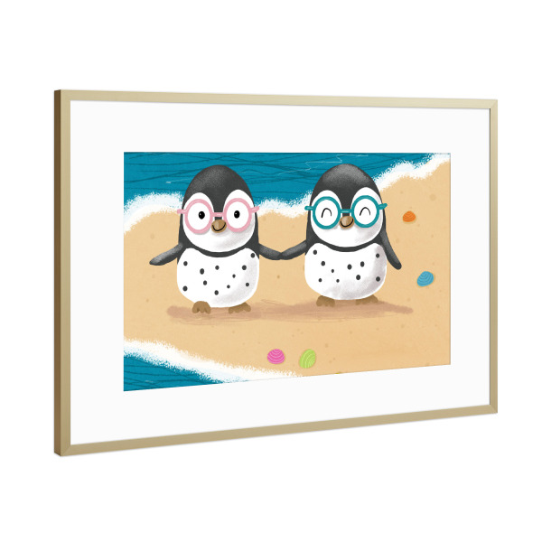 Poster mit Rahmen Gold "Brillenpinguine" artboxONE - Für Kinder,Tiere