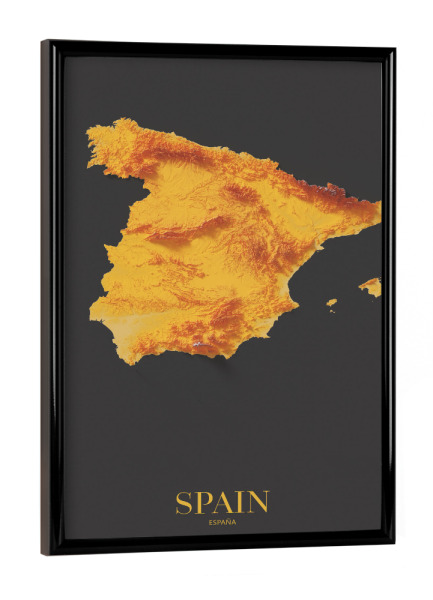 Poster mit schwarzem Rahmen "Spanien 3D-Karte - Gold" artboxONE - Reise,Kartografie