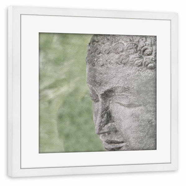 Poster mit Rahmen weiß "Zen-Statue C" artboxONE - Floral,Architektur - Zen,Statue,Mann,Garten