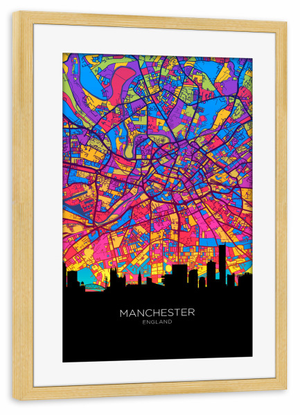 Poster mit Rahmen kiefer "Manchester Skyline Karte Neon" artboxONE - Städte