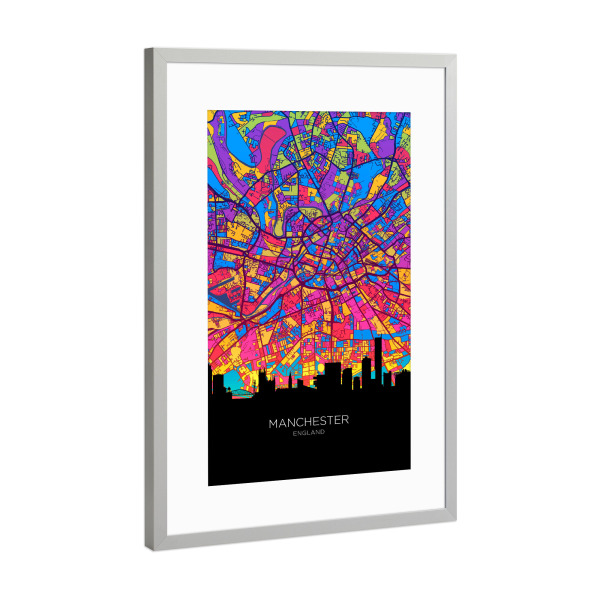 Poster mit Rahmen Silber "Manchester Skyline Karte Neon" artboxONE - Städte
