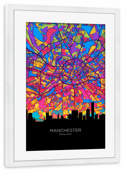 Poster mit Rahmen weiß "Manchester Skyline Karte Neon" artboxONE - Städte