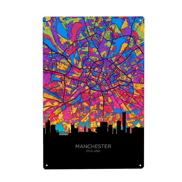 Holzbild "Manchester Skyline Karte Neon" artboxONE - Städte