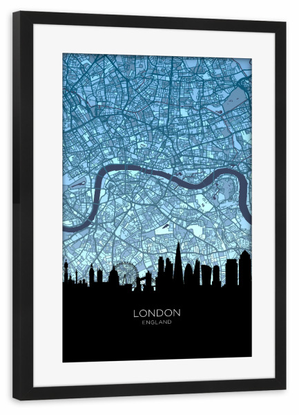 Poster mit Rahmen schwarz "London Skyline Map Blues" artboxONE - Städte,Städte / London