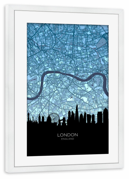 Poster mit Rahmen weiß "London Skyline Map Blues" artboxONE - Städte,Städte / London
