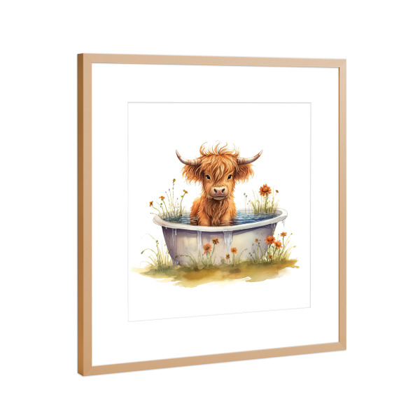 Poster mit Rahmen Kupfer "Highland Cow Tub R" artboxONE - Natur,Floral,Tiere - Hochland,Kuh,Rinder,Blumen,Blumen,Wanne,Bad,Niedlich,Tiere