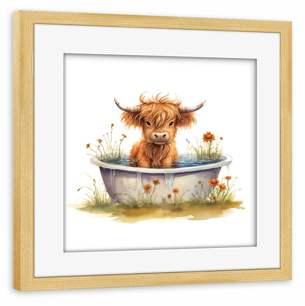 Poster mit Rahmen kiefer "Highland Cow Tub R" artboxONE - Natur,Floral,Tiere - Hochland,Kuh,Rinder,Blumen,Blumen,Wanne,Bad,Niedlich,Tiere