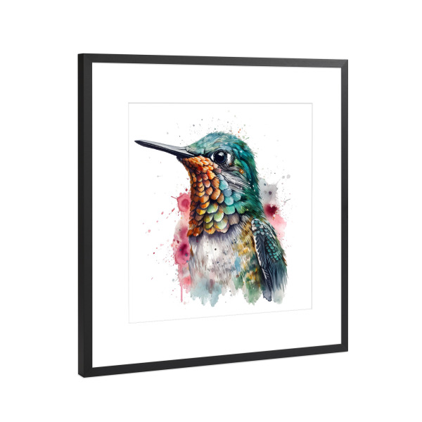 Poster mit Rahmen Schwarz (Metallic) "Kolibri L" artboxONE - Tiere - Tiere,Vögel,Kolibri,Aquarell,Bunt