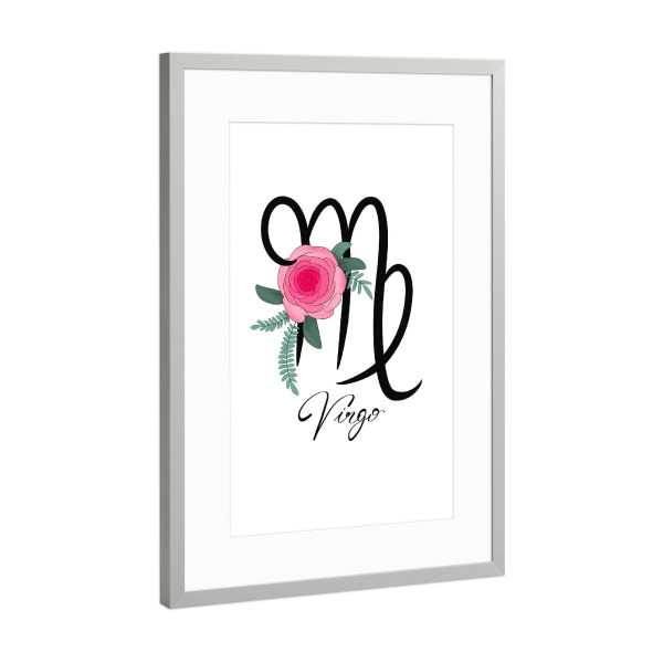 Poster mit Rahmen Silber "Blumentierkreis: Jungfrau" artboxONE - Typografie,Floral,Fashion