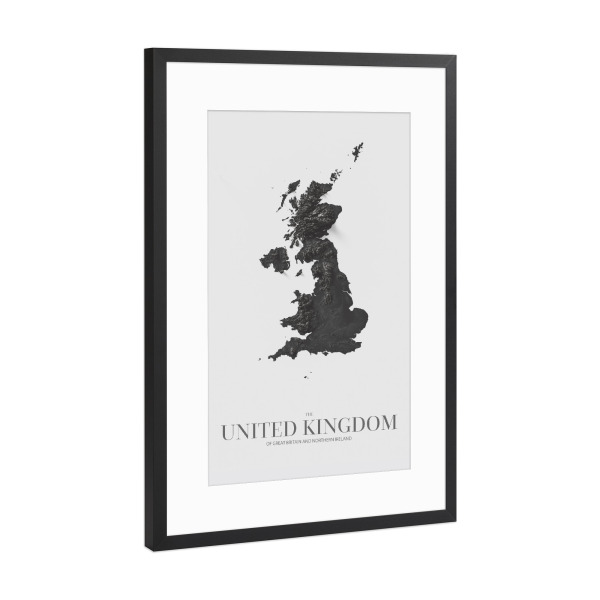 Poster mit Rahmen Schwarz (Metallic) "UK 3D-Karte - Schwarz und Weiß" artboxONE - Städte,Kartografie