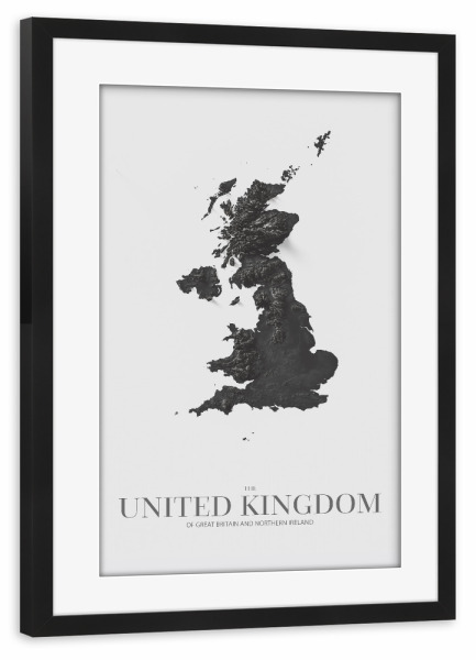 Poster mit Rahmen schwarz "UK 3D-Karte - Schwarz und Weiß" artboxONE - Städte,Kartografie