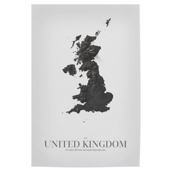 Poster 30x20 cm "UK 3D-Karte - Schwarz und Weiß" artboxONE - Städte,Kartografie