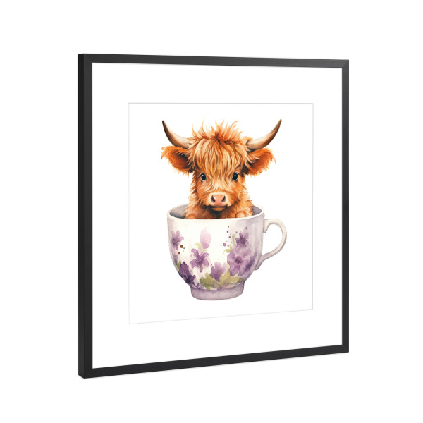 Poster mit Rahmen Schwarz (Metallic) "Hochlandkuh in Cup B" artboxONE - Floral,Tiere