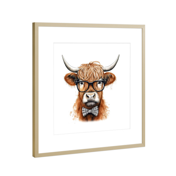 Poster mit Rahmen Gold "Highland Cow Brille I" artboxONE - Tiere - Tiere,Kuh,Hochland,Rinder,Humor,Niedlich,Fliege,Brille