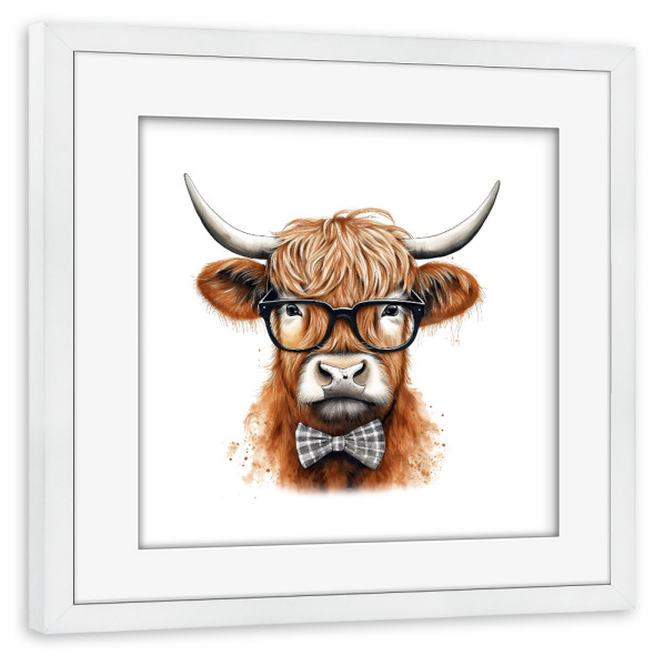 Poster mit Rahmen weiß "Highland Cow Brille I" artboxONE - Tiere - Tiere,Kuh,Hochland,Rinder,Humor,Niedlich,Fliege,Brille