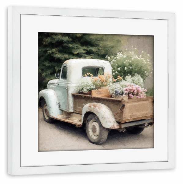 Poster mit Rahmen weiß "Blumenabholung F" artboxONE - Natur,Floral,Automobile - Vintage,Blumen,Blume,Feld,Natur,Automobil,Lkw,Pickup