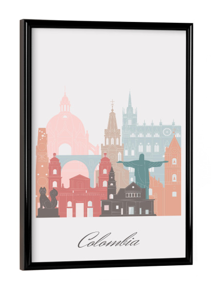 Poster mit schwarzem Rahmen "Kolumbien-Skyline im Pastellstil" artboxONE - Städte,Reise,Architektur,Kartografie