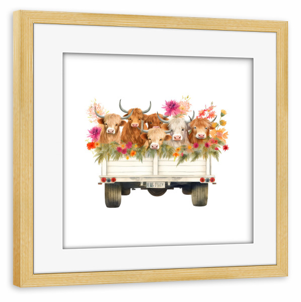 Poster mit Rahmen kiefer "Highland Cow Truck E" artboxONE - Floral,Tiere,Automobile - Hochland,Kuh,Rinder,Tiere,Lkw,Pickup,Automobil,Blumen,Blumen