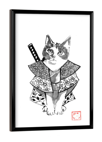 Poster mit schwarzem Rahmen "Chamourai" artboxONE - Tiere,Schwarzweiß,Lustig - Katze,Samurai,Sumie,Japan