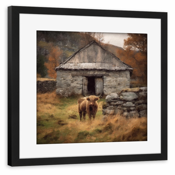 Poster mit Rahmen schwarz "Hochland" artboxONE - Natur,Reise,Tiere - Hochland,Rinder,Kuh,Stier,Architektur,Felder,Landschaft,Landschaft