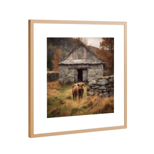 Poster mit Rahmen Kupfer "Hochland" artboxONE - Natur,Reise,Tiere - Hochland,Rinder,Kuh,Stier,Architektur,Felder,Landschaft,Landschaft