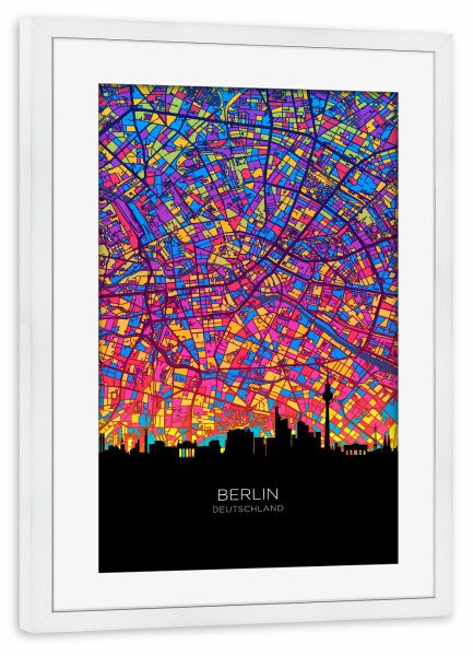 Poster mit Rahmen weiß "Berliner Skyline-Karte Neon" artboxONE - Städte,Städte / Berlin