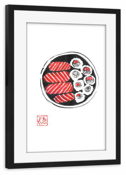 Poster mit Rahmen schwarz "Bento" artboxONE - Essen & Trinken,Reise / Asien - Bento,Sumie,Japan,Sushi,Reis,Lachs