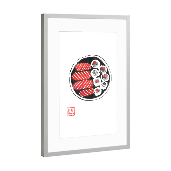 Poster mit Rahmen Silber "Bento" artboxONE - Essen & Trinken,Reise / Asien - Bento,Sumie,Japan,Sushi,Reis,Lachs