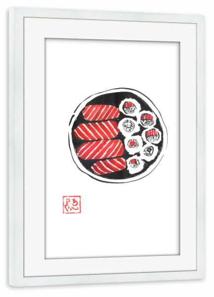 Poster mit Rahmen weiß "Bento" artboxONE - Essen & Trinken,Reise / Asien - Bento,Sumie,Japan,Sushi,Reis,Lachs