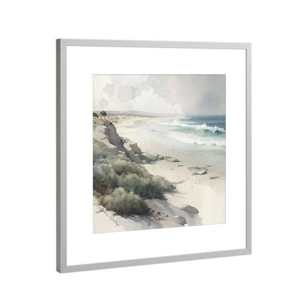 Poster mit Rahmen Silber "Soft Coastal B" artboxONE - Natur,Reise / Strand und Meer - Küste,Strand,Sand,Ufer,Felsen,Klippe,Meer,Ozean,Aquarell