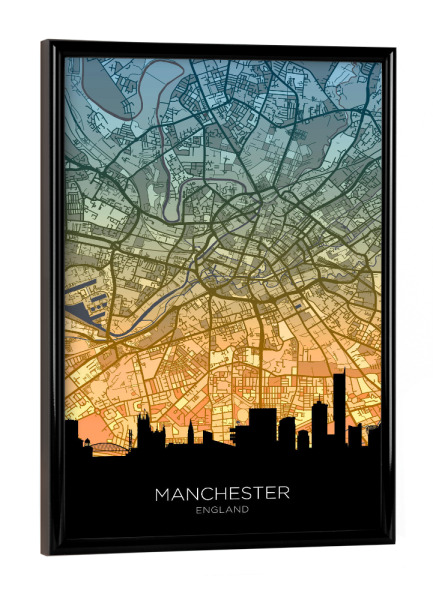 Poster mit schwarzem Rahmen "Manchester-Skyline, blaugrün" artboxONE - Städte