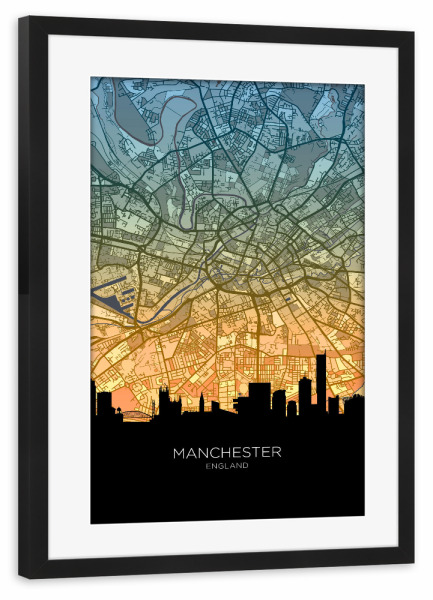 Poster mit Rahmen schwarz "Manchester-Skyline, blaugrün" artboxONE - Städte