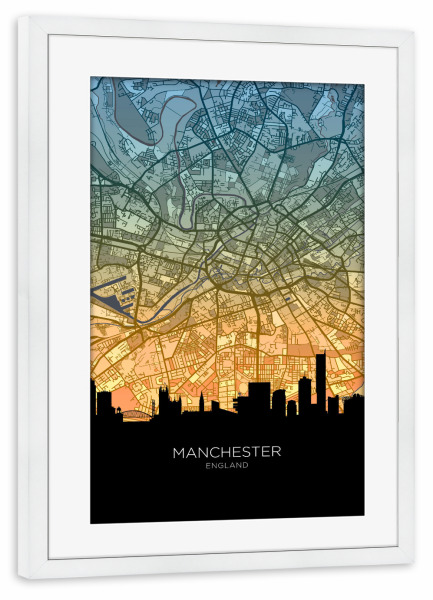 Poster mit Rahmen weiß "Manchester-Skyline, blaugrün" artboxONE - Städte