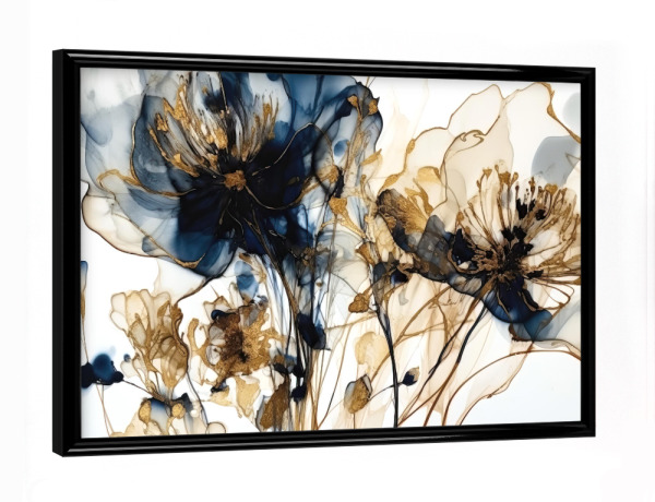 Poster mit schwarzem Rahmen "Navy und Gold Botanicals D" artboxONE - Floral,Abstrakt - Marine,Gold,Blumen,Blumen,Pflanzenstoffe
