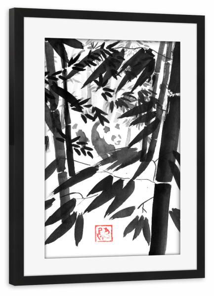 Poster mit Rahmen schwarz "Panda im Bambuswald" artboxONE - Natur,Tiere,Schwarzweiß - Panda,Sumie,Japan,Bambus,Wald