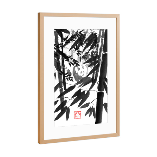Poster mit Rahmen Kupfer "Panda im Bambuswald" artboxONE - Natur,Tiere,Schwarzweiß - Panda,Sumie,Japan,Bambus,Wald