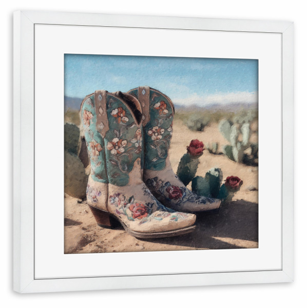 Poster mit Rahmen weiß "Cowgirl-Stiefel L" artboxONE - Natur,Floral,Fashion - Wüste,Landschaft,Kaktus,Blumen,Blume,Western,Cowgirl,Stiefel,Mode