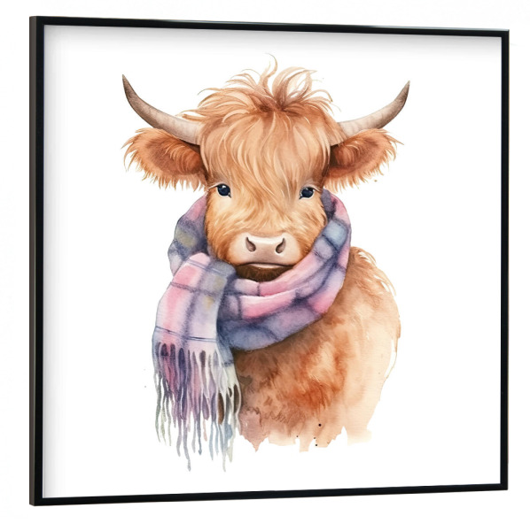 Poster mit schwarzem Rahmen 30x30 cm "Highland Cow Schal" artboxONE - Tiere - Hochland,Kuh,Rind,Niedlich,Kinder,Kindergarten,Baby,Schal,Winter