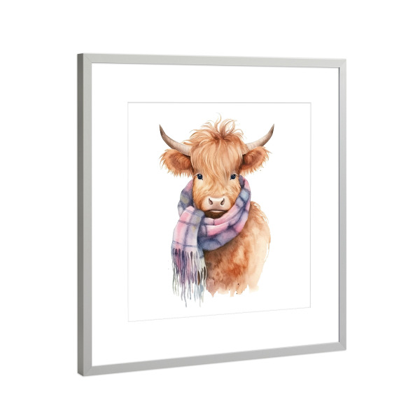 Poster mit Rahmen Silber "Highland Cow Schal" artboxONE - Tiere - Hochland,Kuh,Rind,Niedlich,Kinder,Kindergarten,Baby,Schal,Winter