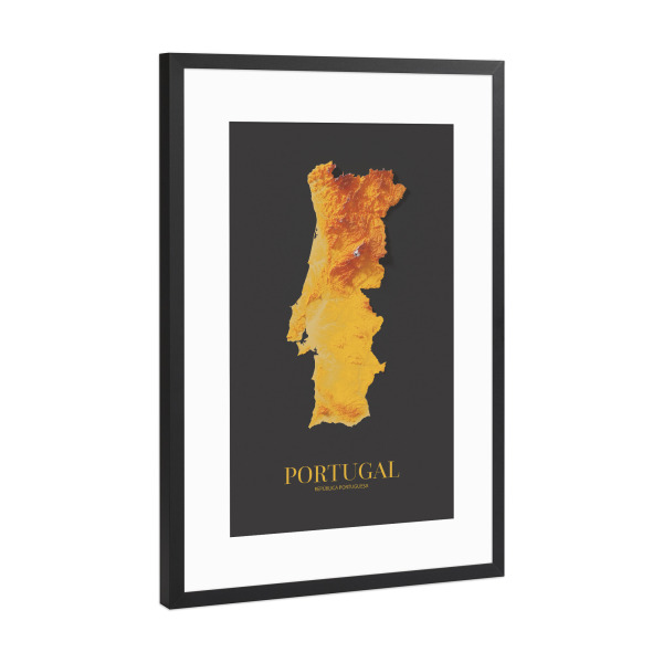Poster mit Rahmen Schwarz (Metallic) "Portugal 3D-Karte – Gold" artboxONE - Reise,Kartografie