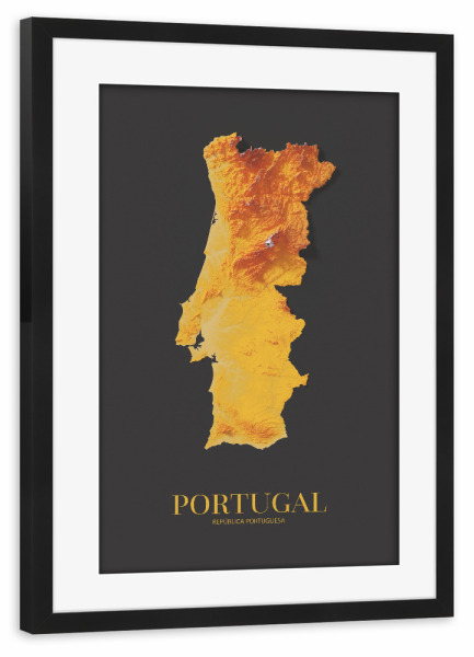 Poster mit Rahmen schwarz "Portugal 3D-Karte – Gold" artboxONE - Reise,Kartografie