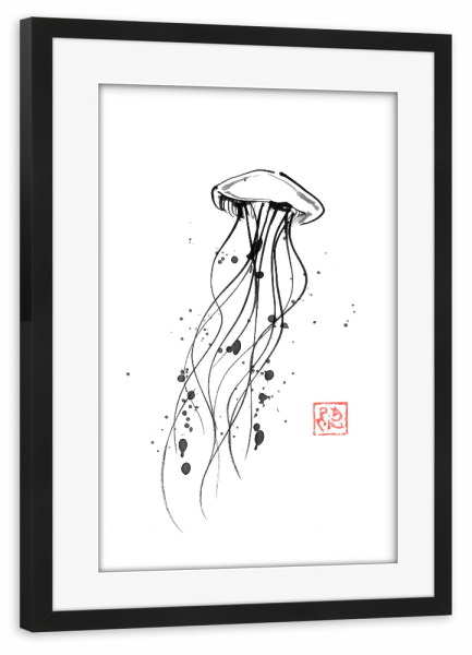 Poster mit Rahmen schwarz "Medusa-Quallen" artboxONE - Tiere - Quallen,Sumie,Japan