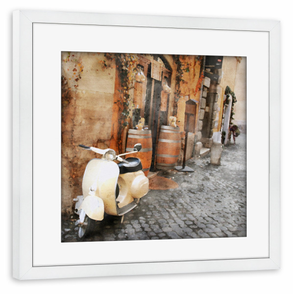 Poster mit Rahmen weiß "Weißes Moped" artboxONE - Städte,Architektur,Automobile - Reisen,Fahrzeuge,Moped,Weiß,Gasse,Straßenansicht,Stadt