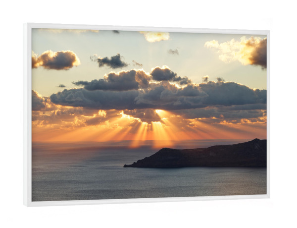 Poster mit weißem Rahmen "Sonnenstrahlen auf Santorini" artboxONE - Natur,Reise,Reise / Strand und Meer