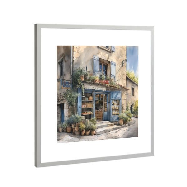 Poster mit Rahmen Silber "Blauer Dorfladen" artboxONE - Architektur - Dorf,Blau,Geschäft,Architektur,Pflanzen
