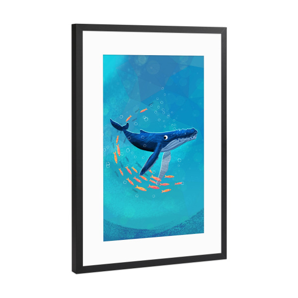 Poster mit Rahmen Schwarz (Metallic) "Buckelwal mit Fischschwarm" artboxONE - Für Kinder,Tiere