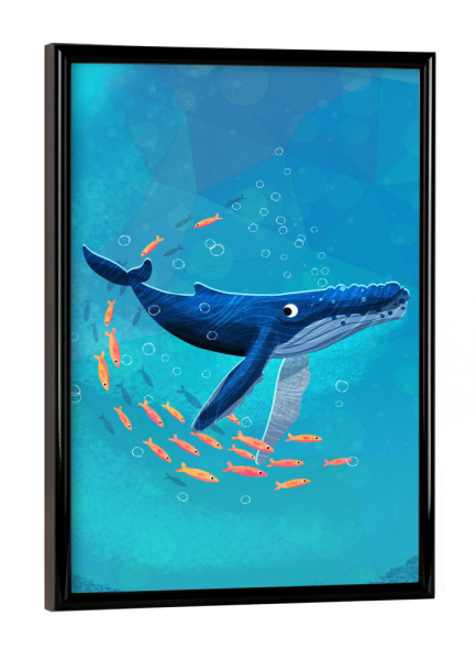 Poster mit schwarzem Rahmen "Buckelwal mit Fischschwarm" artboxONE - Für Kinder,Tiere