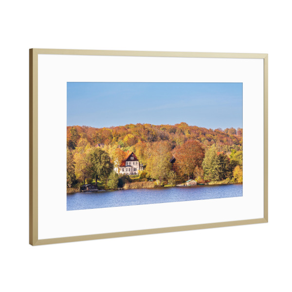 Poster mit Rahmen Gold "Haus, See, Bäume" artboxONE - Natur,Reise,Architektur